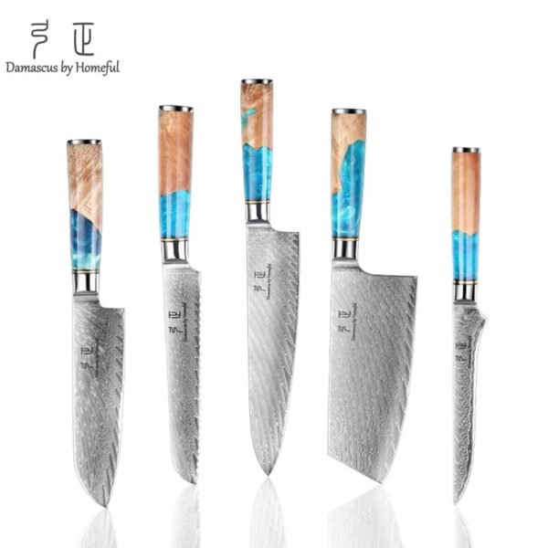Damascus Five-Piece Knife Set - Hand-Forged, Exquisite Blue Resin Handle, Extreme Sharpness And Aesthetic Design